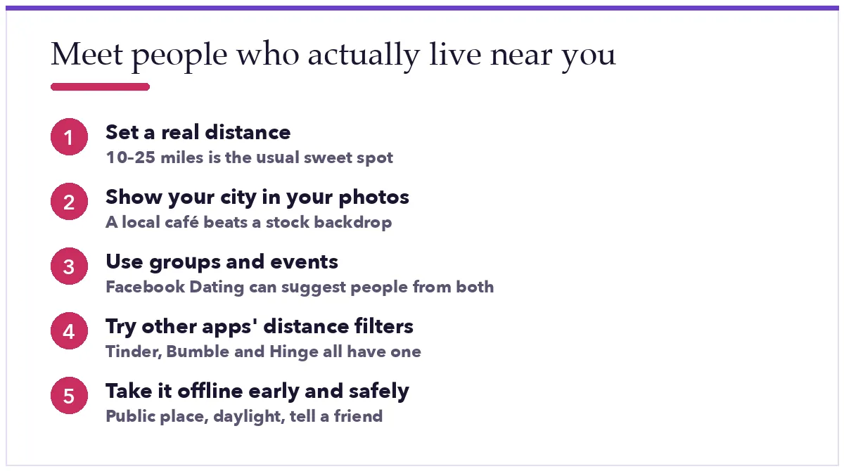 Checklist: set a real distance, show your city in your photos, use groups and events, try other apps' distance filters, take it offline early and safely